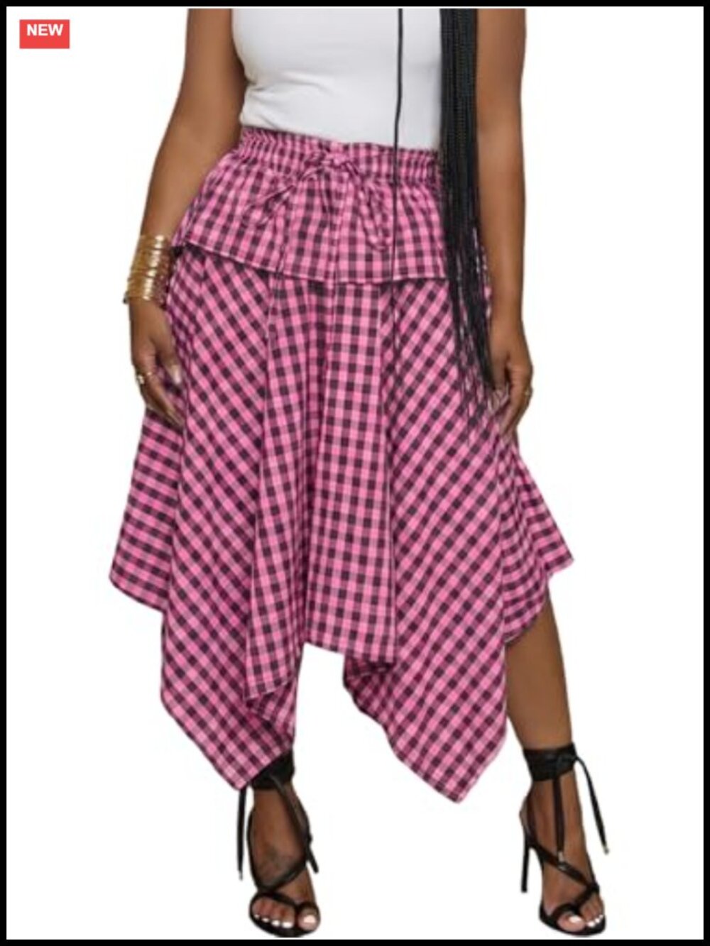 Gingham Plaid Midi Skirt Asymmetric Handkerchief A-Line Pockets